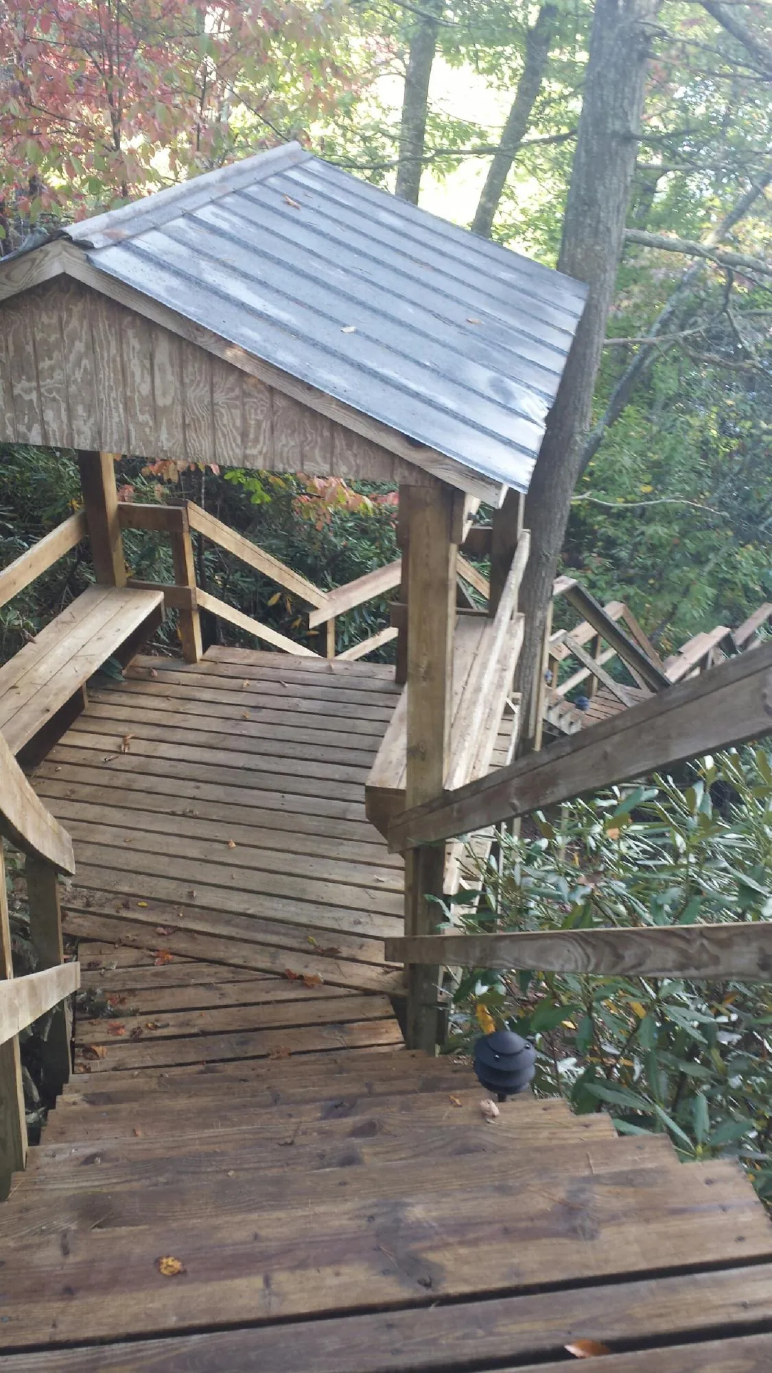 Metal roofed shelter over wooden steps on a wooded walkway — Skylight Repair & Installation work by our crew in Feura Bush